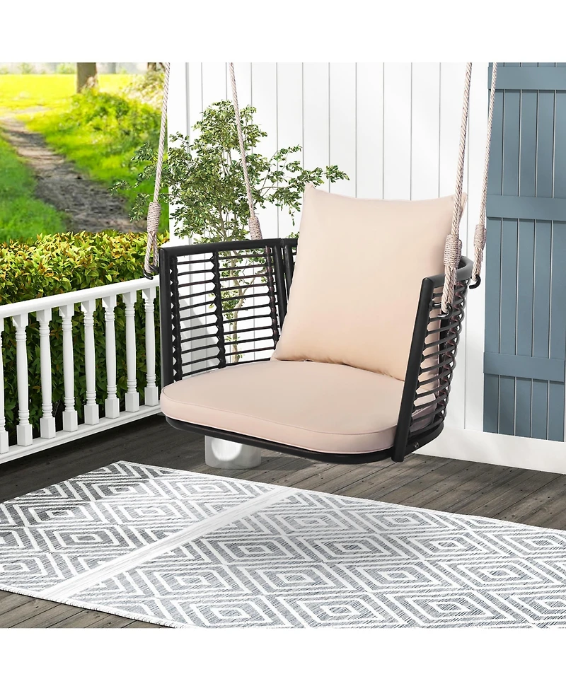 Gymax Outdoor Metal Porch Swing Single Person Hanging Seat w/ Woven Rattan Backrest Porch Backyard