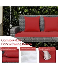 Gymax 2-Person Patio Hanging Porch Swing Rattan 800LBS Bench w/ Cushions