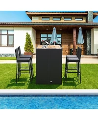 Gymax 5-Piece Patio Rattan Bar Set Outdoor Wicker Set w/ Bar Height Table & 4 Bar Stools