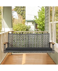 Gymax Rattan Patio Porch Swing 2-Person Cushioned Chair Bench w/ Hanging Ropes