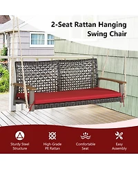 Gymax 2-Seat Rattan Porch Swing Chair Outdoor Wicker Bench W/ Seat Cushion Red