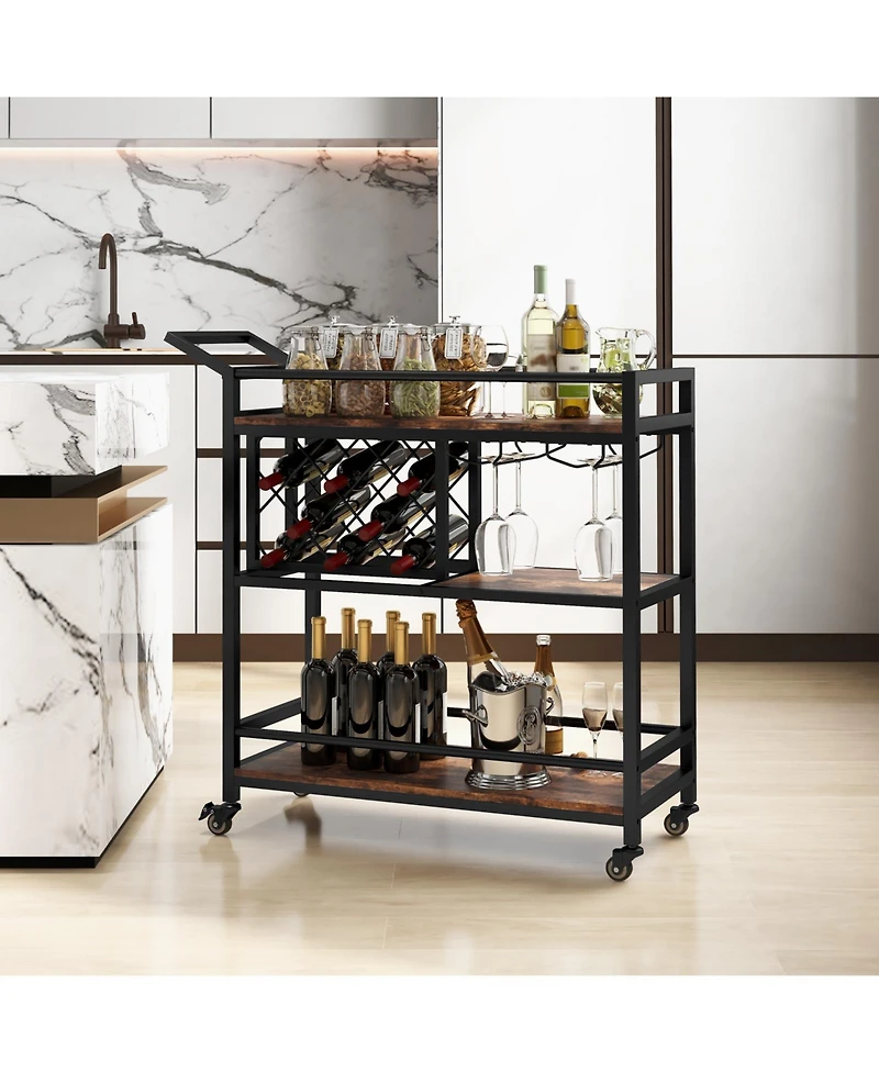 3-tier Bar Cart on Wheels Home Kitchen Serving with Wine Rack and Glasses Holder