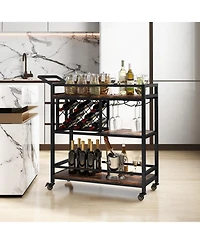 3-tier Bar Cart on Wheels Home Kitchen Serving with Wine Rack and Glasses Holder