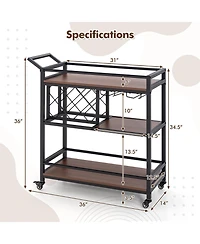3-tier Bar Cart on Wheels Home Kitchen Serving Cart with Wine Rack and Glasses Holder