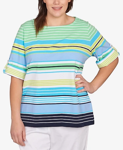 Ruby Rd. Plus Multi Stripe Roll Tab Top