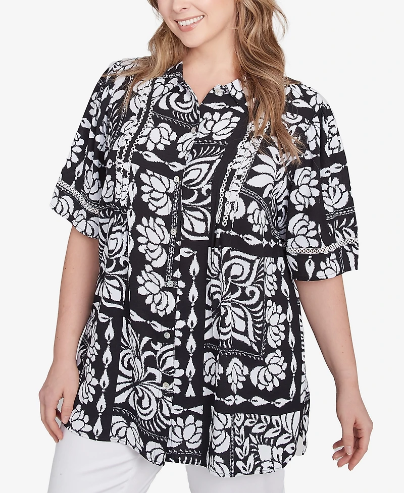 Ruby Rd. Plus Size Lotus Patchwork Button Front Camp Shirt