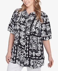 Ruby Rd. Plus Size Lotus Patchwork Button Front Camp Shirt