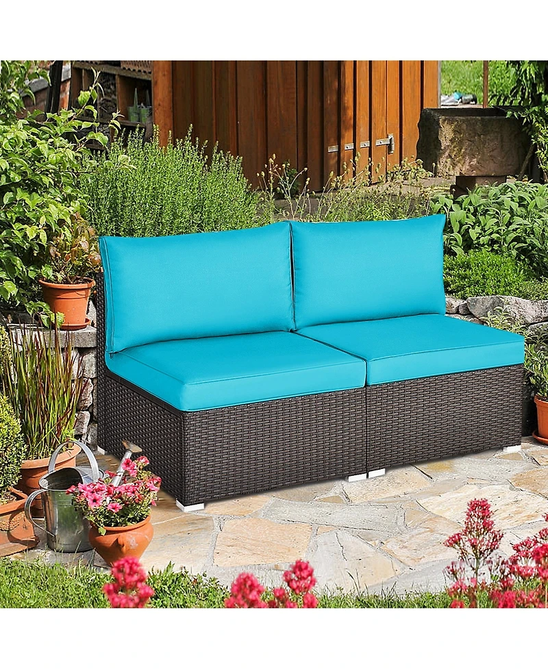 Gymax 2PCS Patio Wicker Rattan Sectional Armless Chair Sofa w/ Turquoise Cushion
