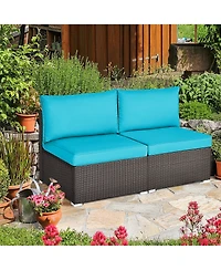 Gymax 2PCS Patio Wicker Rattan Sectional Armless Chair Sofa w/ Turquoise Cushion