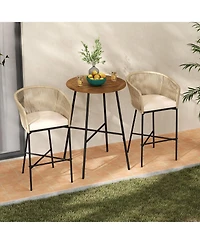 3-Piece Patio Bar Set with Rope Woven Stools and Solid Acacia Tabletop