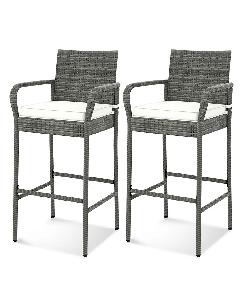 Set of 2 Patio Barstools – Wicker Outdoor Chairs with Cushions & Armrests