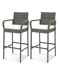 Set of 2 Patio Barstools – Wicker Outdoor Chairs with Cushions & Armrests