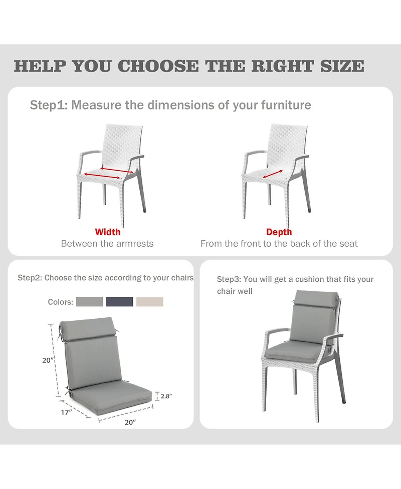 Aoodor 2Pcs Outdoor High Back Dining Chair Cushion Set, Fade and Water Resistant Polyester Fabric Cover with Ties and Zipper, 20'' × 37''