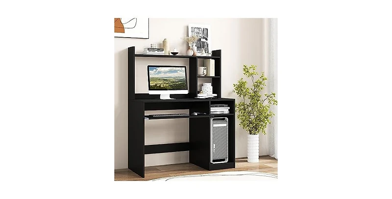 Home Office Computer Desk with Bookcase Keyboard Tray and Cpu Stand