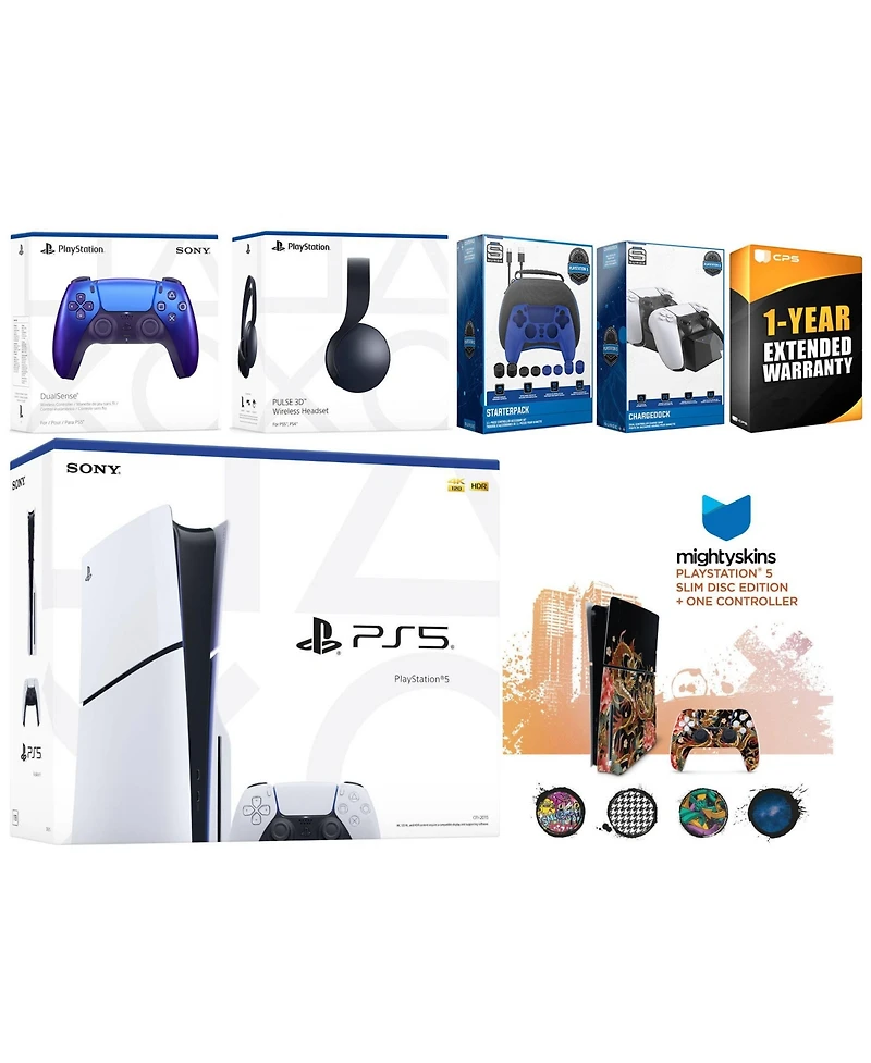 Sony Playstation 5 Slim Disc with Black Pulse Headset, Extra Volcanic Red Controller, Gamer Kit, Charge Dock and MightySkins Decal Voucher + 1 Year Cp