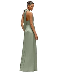 After Six Women's Band Collar Halter Open Back Fluid Satin Maxi Dress with Self-Tie Bow