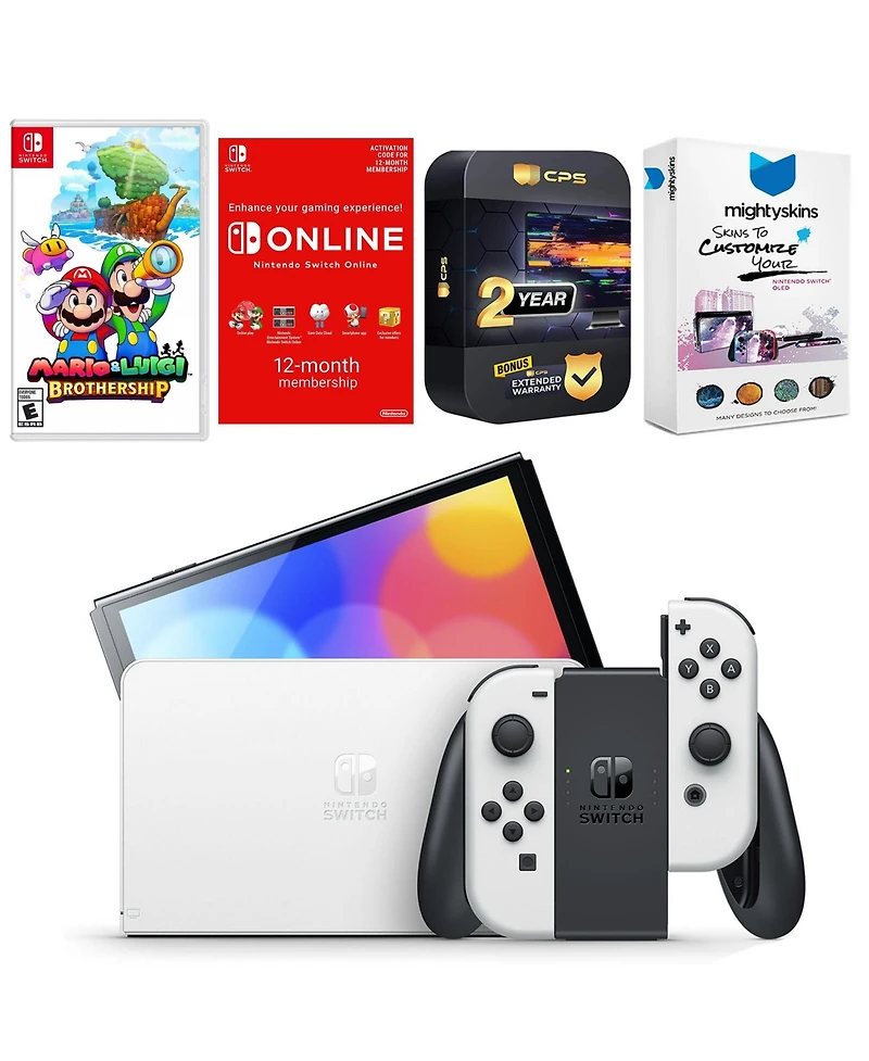 Nintendo Switch White Oled Console with Mario & Luigi: Brothership, Nso 12 Month Family Membership, MightySkins Console and Controller Skin Voucher, a