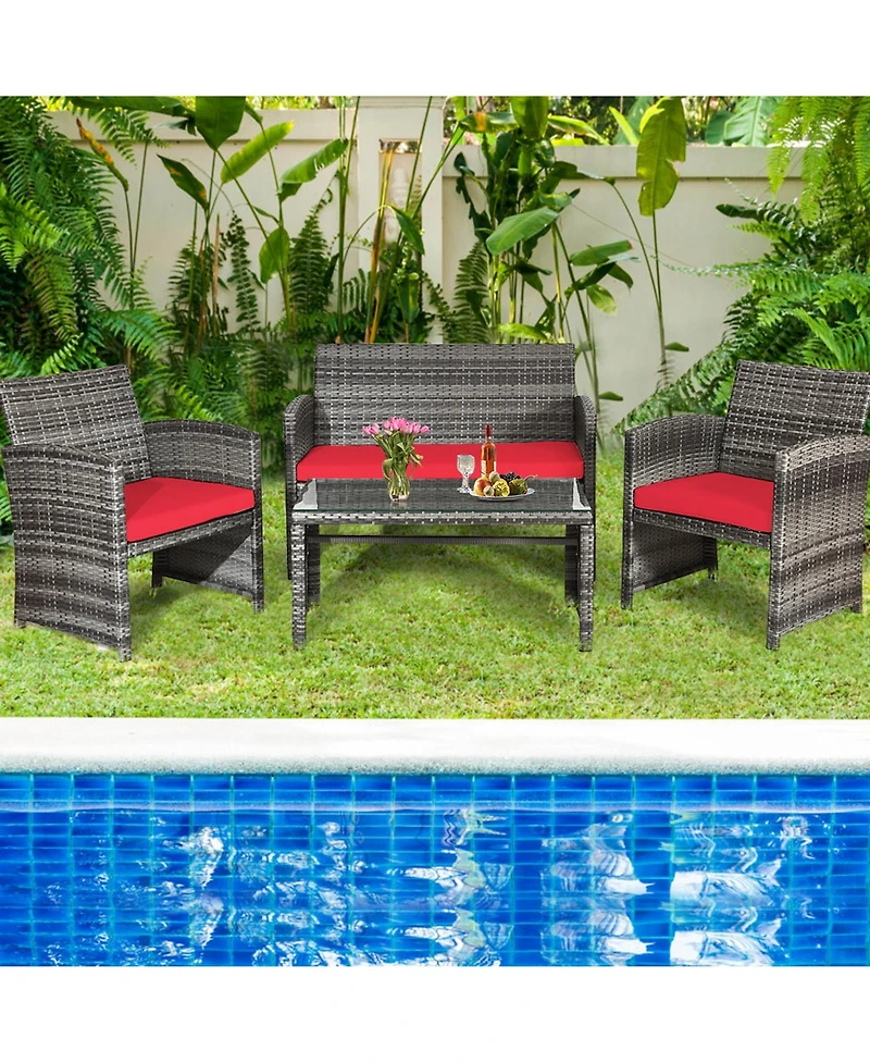Gymax 4Pieces Patio Outdoor Rattan Conversation Furniture Set