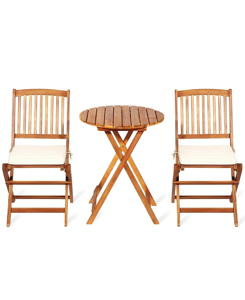Gymax 3PCS Folding Acacia Wood Bistro Set Patio Conversation Set w/ Cushions