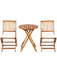 Gymax 3PCS Folding Acacia Wood Bistro Set Patio Conversation Set w/ Cushions