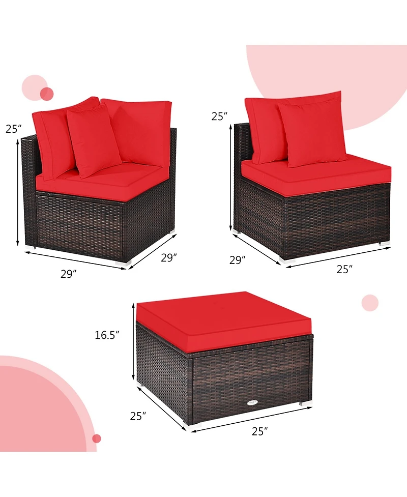 Gymax 4PCS Rattan Patio Conversation Furniture Set Yard Outdoor w/ Red Cushion
