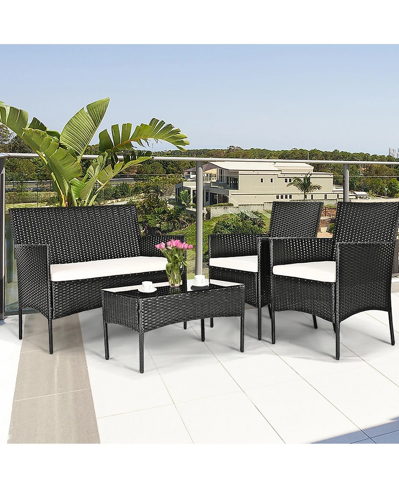 Gymax 4PCS Patio Rattan Conversation Set Outdoor Furniture Set w/ Cushion