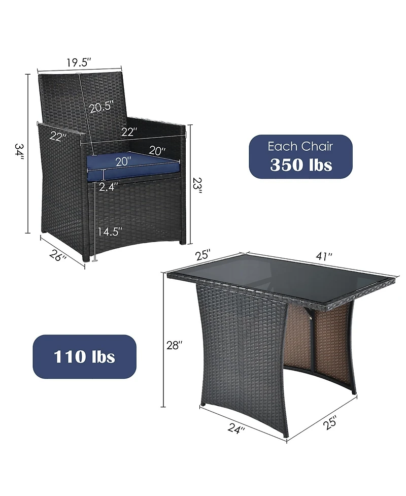 Gymax 3PCS Patio Wicker Bistro Set Pe Rattan Dining Table Set w/ Navy Cushions