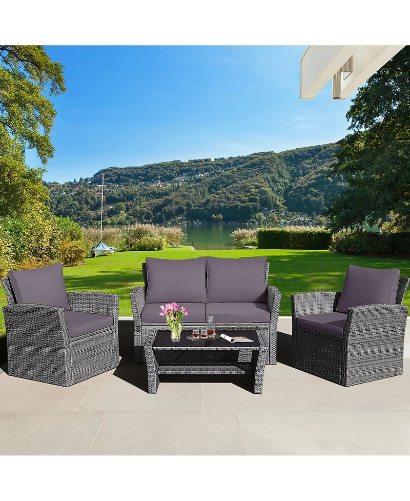 Gymax 4PCS Patio Rattan Conversation Set Outdoor Furniture Set w/ Grey Cushions