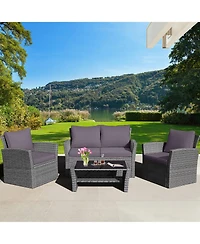 Gymax 4PCS Patio Rattan Conversation Set Outdoor Furniture Set w/ Grey Cushions