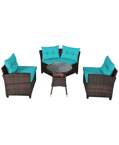Gymax 4PCS Patio Furniture Set Outdoor Rattan Sectional Sofa Set w/ Turquoise Cushions