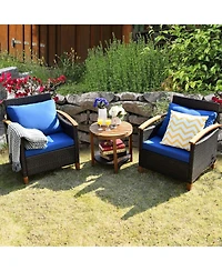Gymax 3PCS Patio Wicker Rattan Conversation Set Outdoor Furniture Set w/ Cushion