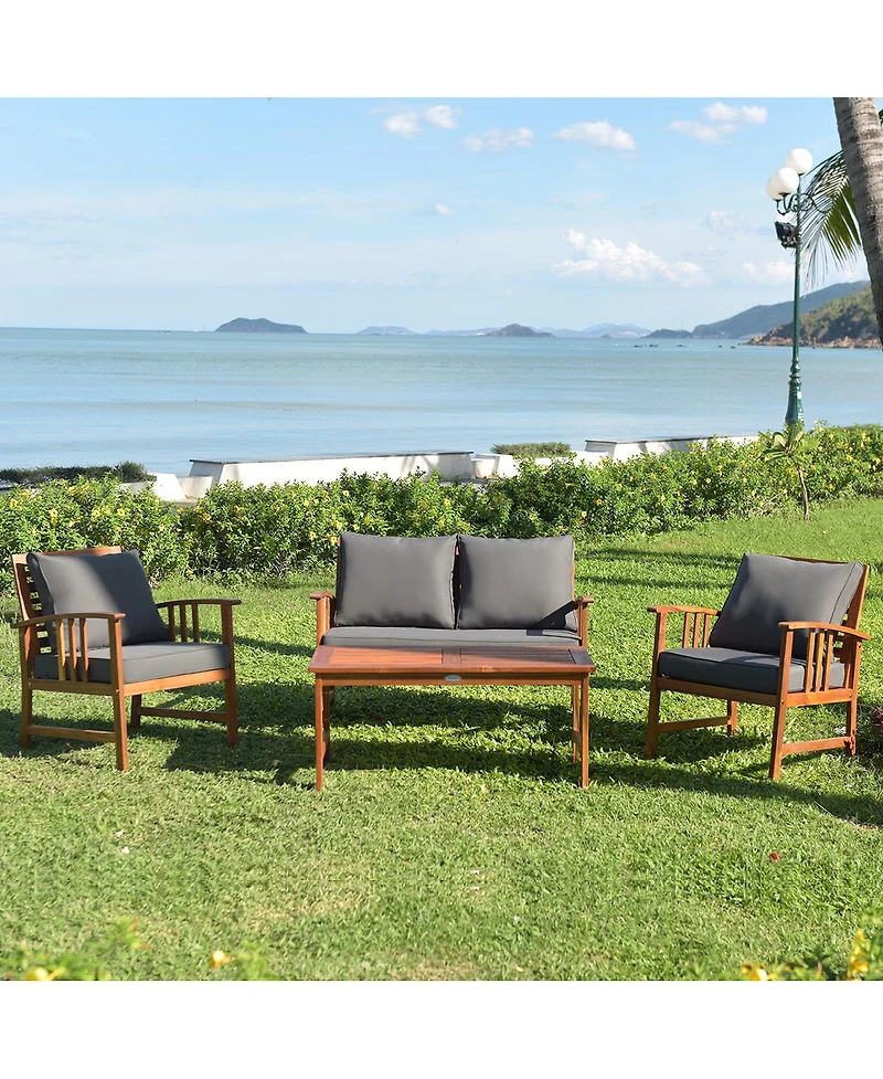 Gymax 4pcs Wooden Patio Furniture Set Table & Sectional Sofa Garden