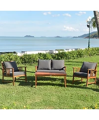 Gymax 4pcs Wooden Patio Furniture Set Table & Sectional Sofa Garden