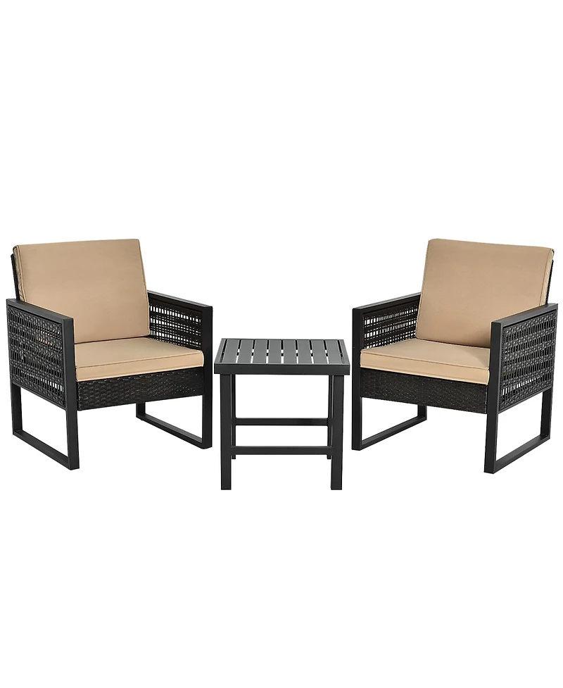 Gymax 3Pieces Rattan Outdoor Bistro Set Patio Conversation Furniture Set with Cushions