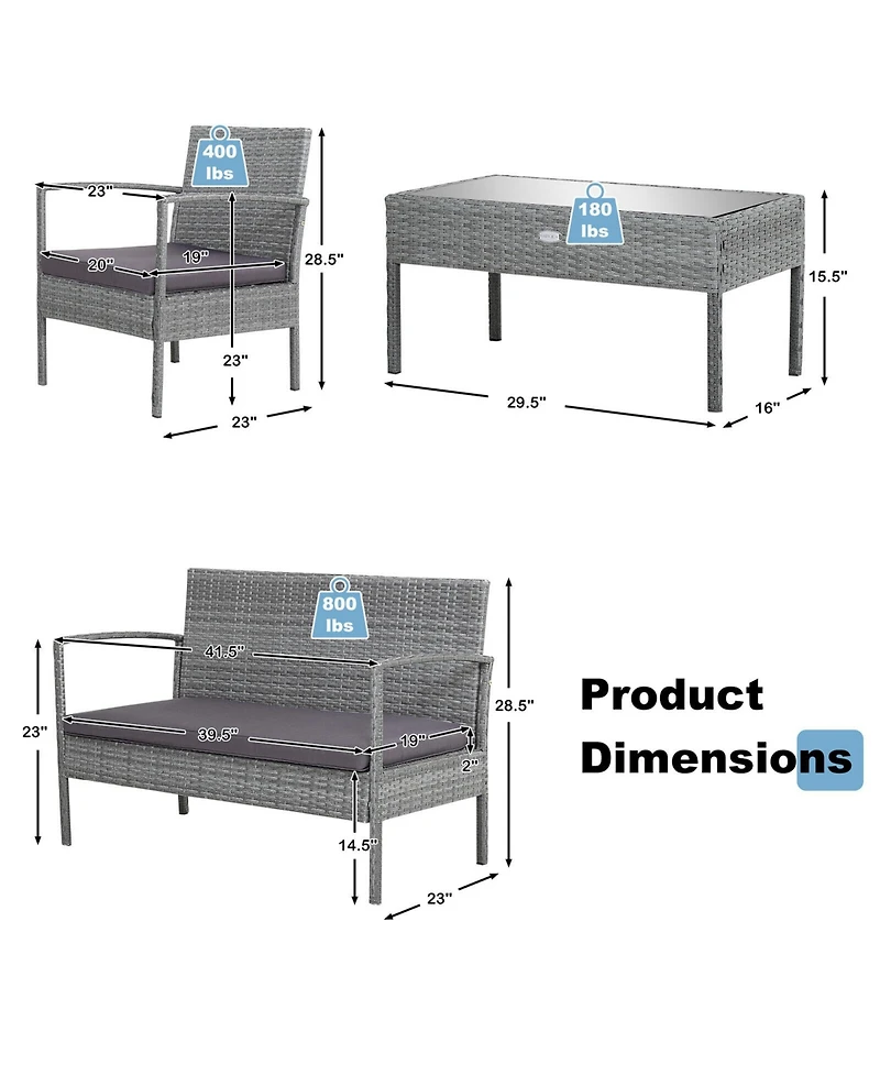 Gymax 4Pieces Rattan Patio Furniture Set Outdoor Wicker Conversation Set with Cushions