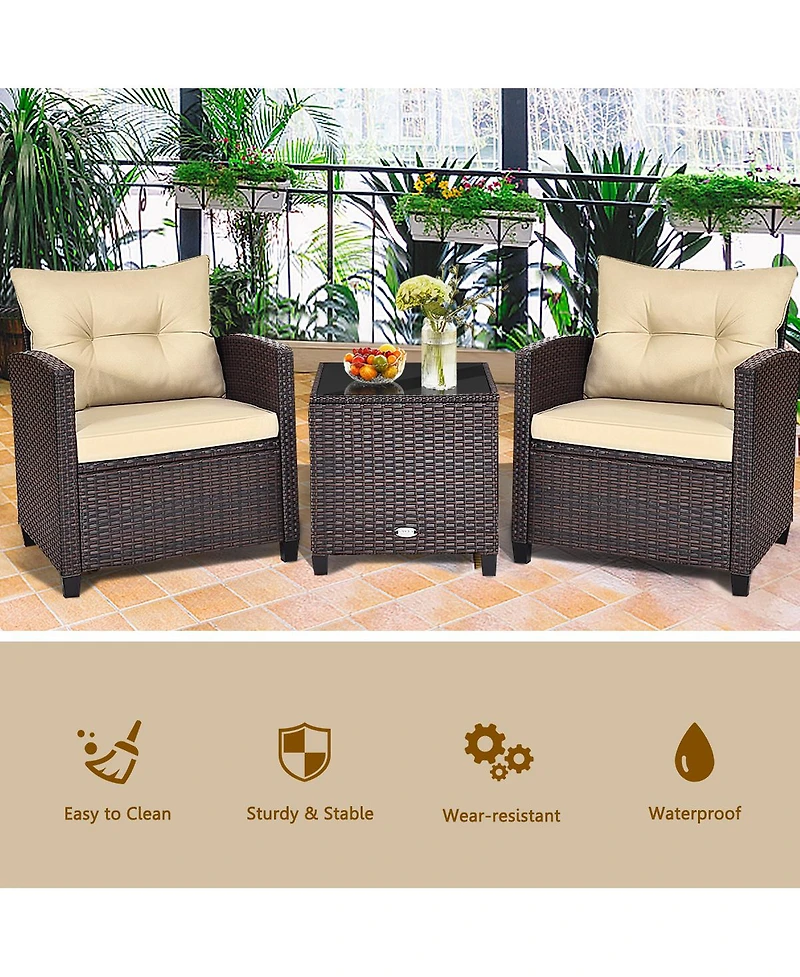 Gymax 3PCS Patio Outdoor Rattan Conversation Set w/ Cushion Coffee Table