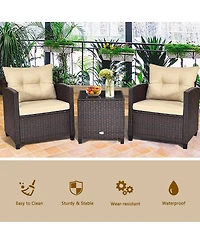 Gymax 3PCS Patio Outdoor Rattan Conversation Set w/ Cushion Coffee Table
