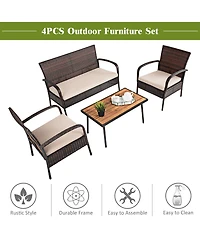 Gymax 4PCS Cushioned Rattan Patio Conversation Set Outdoor Furniture Set