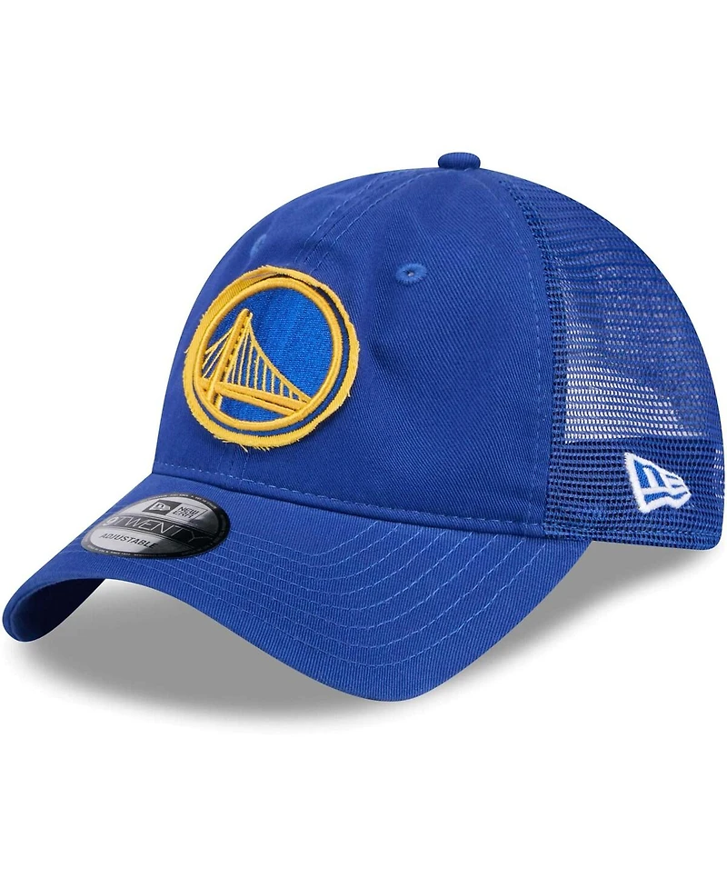 New Era Men's Royal Golden State Warriors Rough Edge Logo Trucker 9TWENTY Adjustable Hat