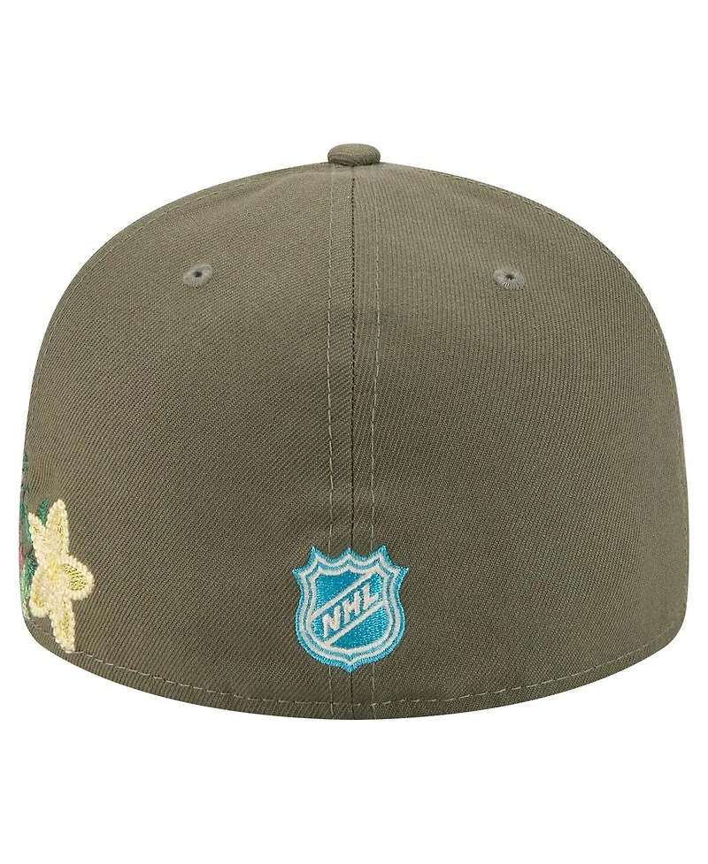 New Era Men's Olive Anaheim Ducks Tonal Florals 59FIFTY Fitted Hat