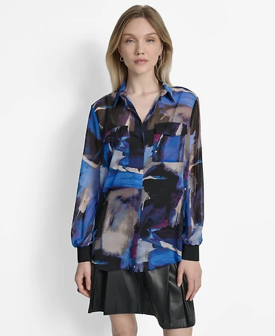 Dkny Women's Printed Button-Front Long-Sleeve Shirt