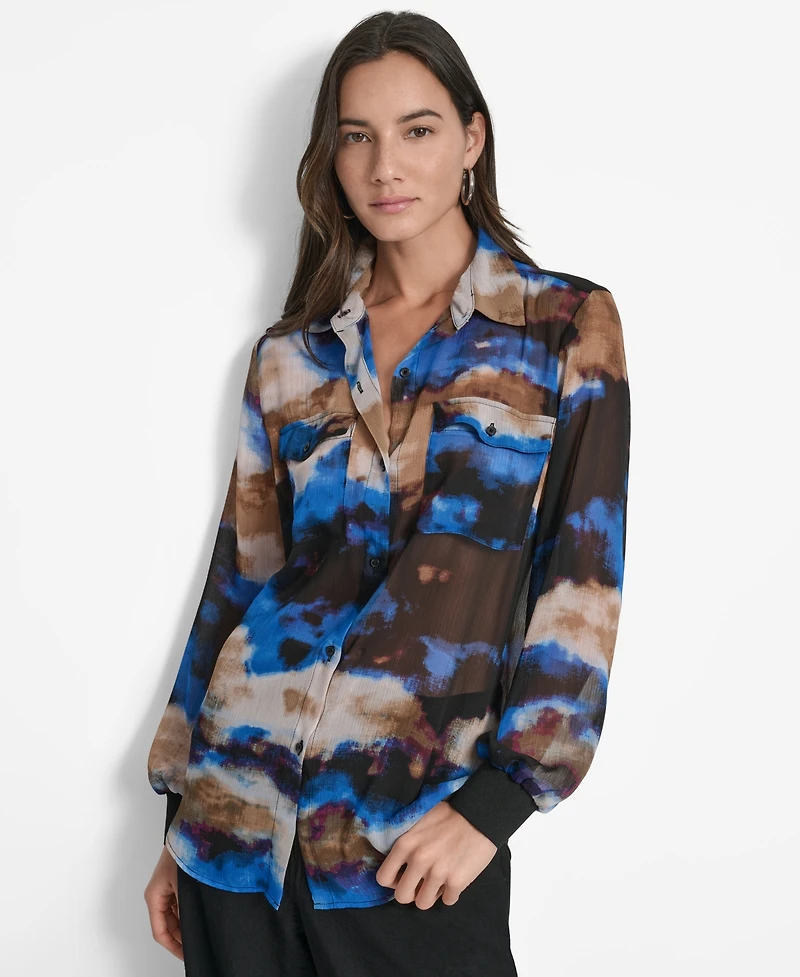 Dkny Women's Printed Button-Front Long-Sleeve Shirt