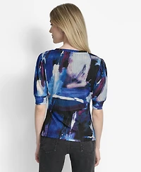 Dkny Women's Printed Puff-Sleeve Ruched Top