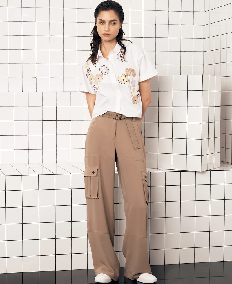 Karl Lagerfeld Paris Women's Embroidered Floral Camp Shirt