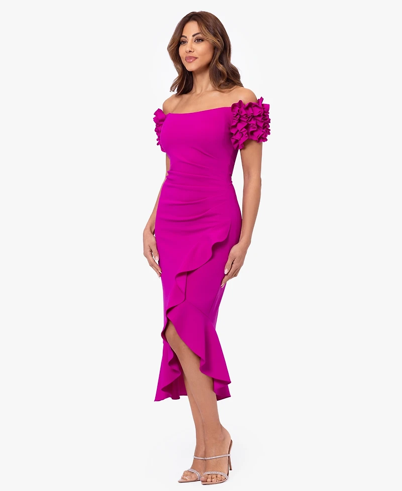 Xscape Petite Off-the-Shoulder Ruffle-Sleeve Midi Dress