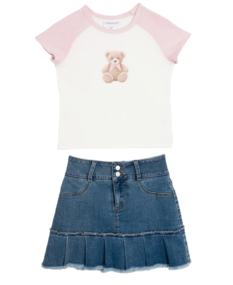 Rare Editions Big Girls 2-Piece Raglan T-Shirt and Denim Skort Set