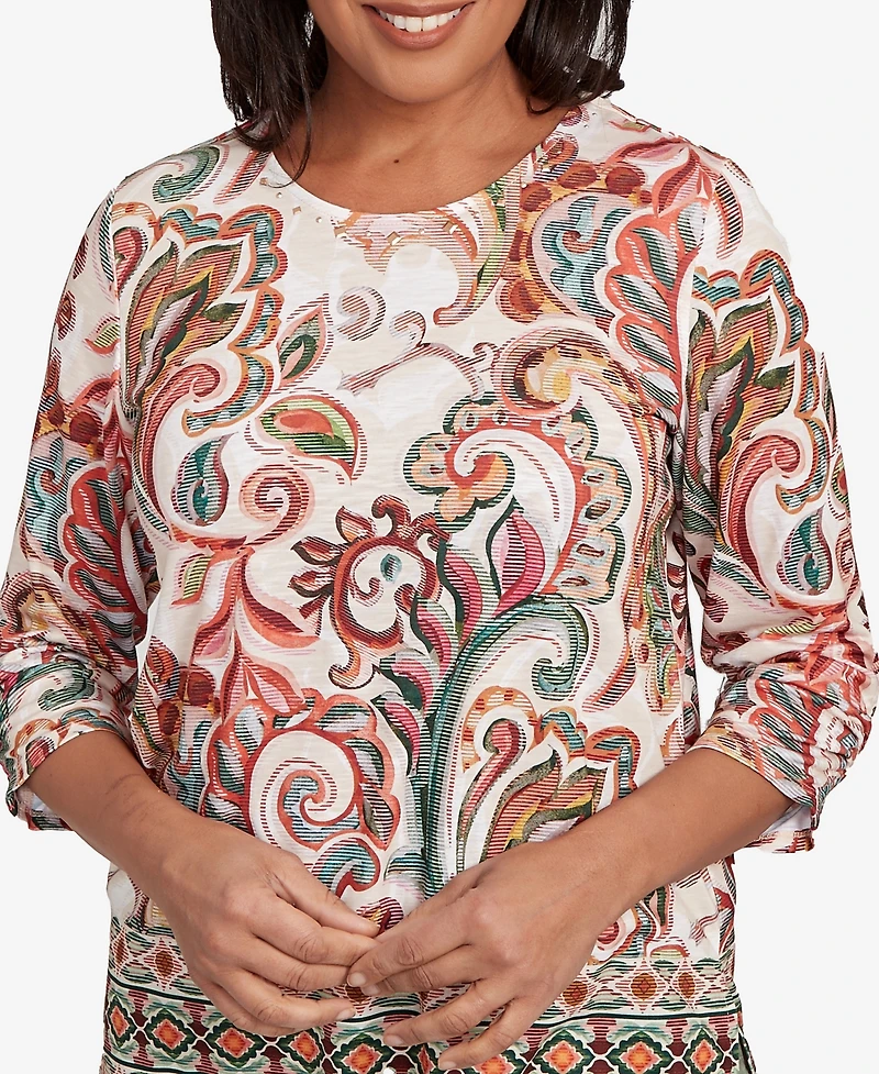 Alfred Dunner Women's Copper Canyon Textured Scroll Border Ruched Sleeves Top
