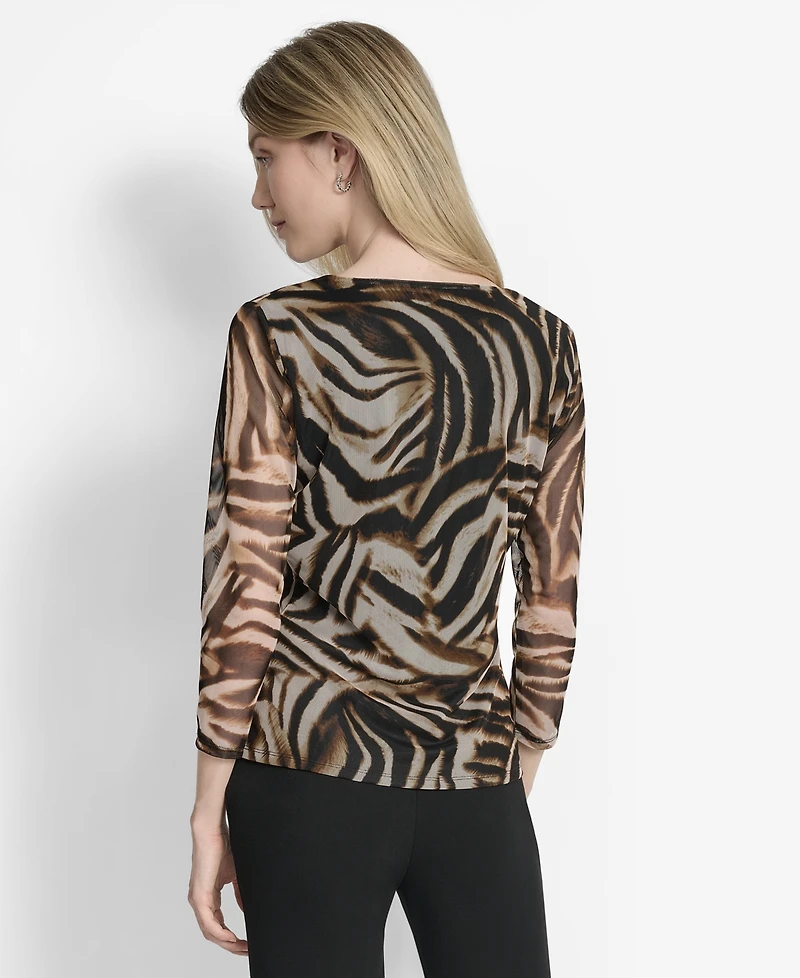 Dkny Women's 3/4-Sleeve Printed Mesh V-Neck Top