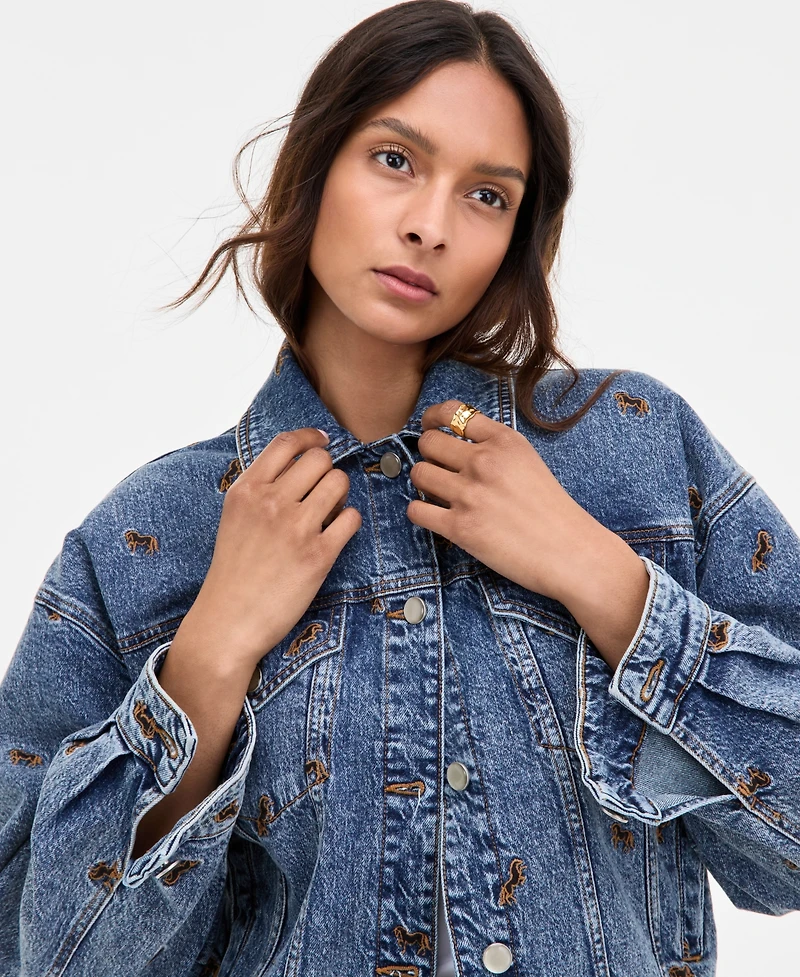 Avec Les Filles Women's Horse Embroidered Denim Trucker Jacket