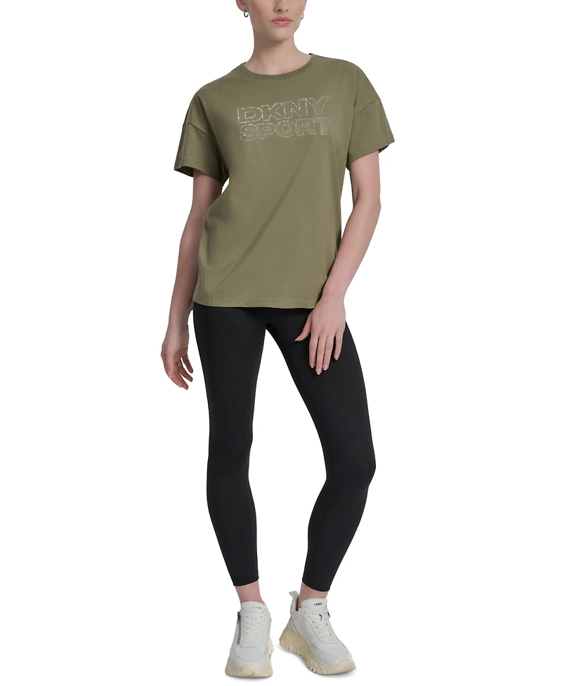 Dkny Sports Women's Rhinestone-Logo Drop-Shoulder T-Shirt